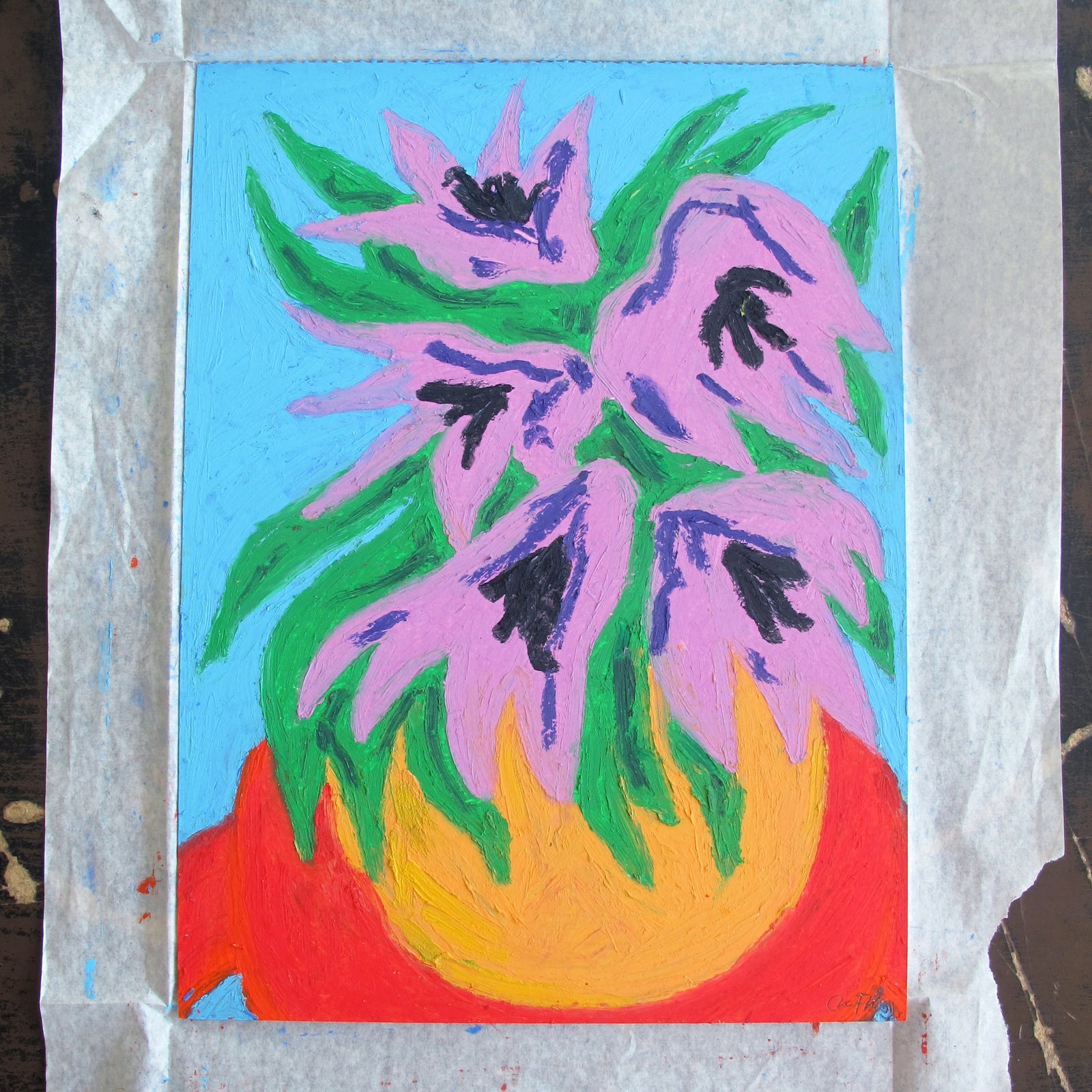 Purple Flowers Original Oil Pastel Artwork
