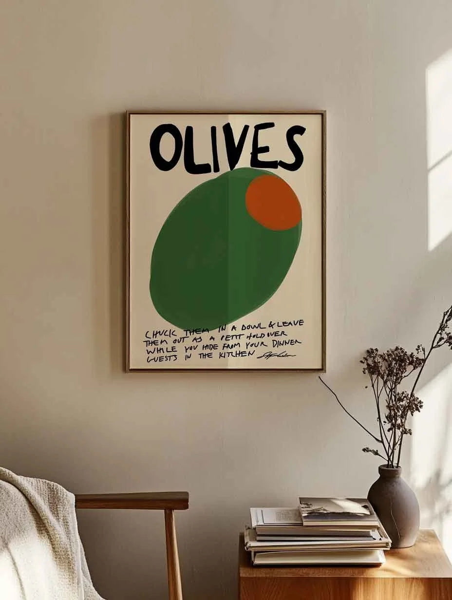 Retro olives typography poster in frame in a trendy interior