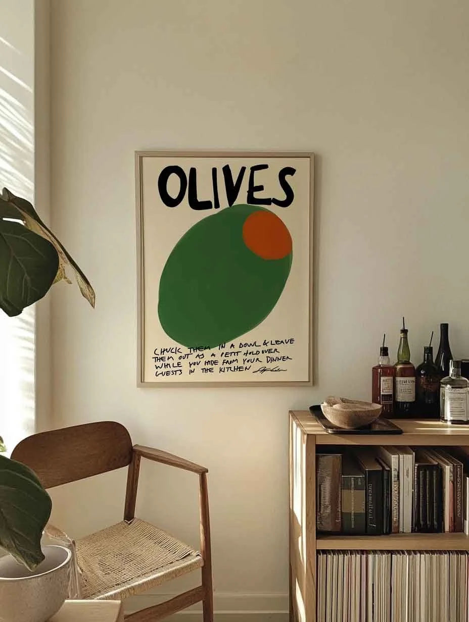 Retro olives poster in frame in a trendy interior
