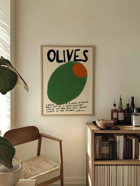 Retro olives poster in frame in a trendy interior