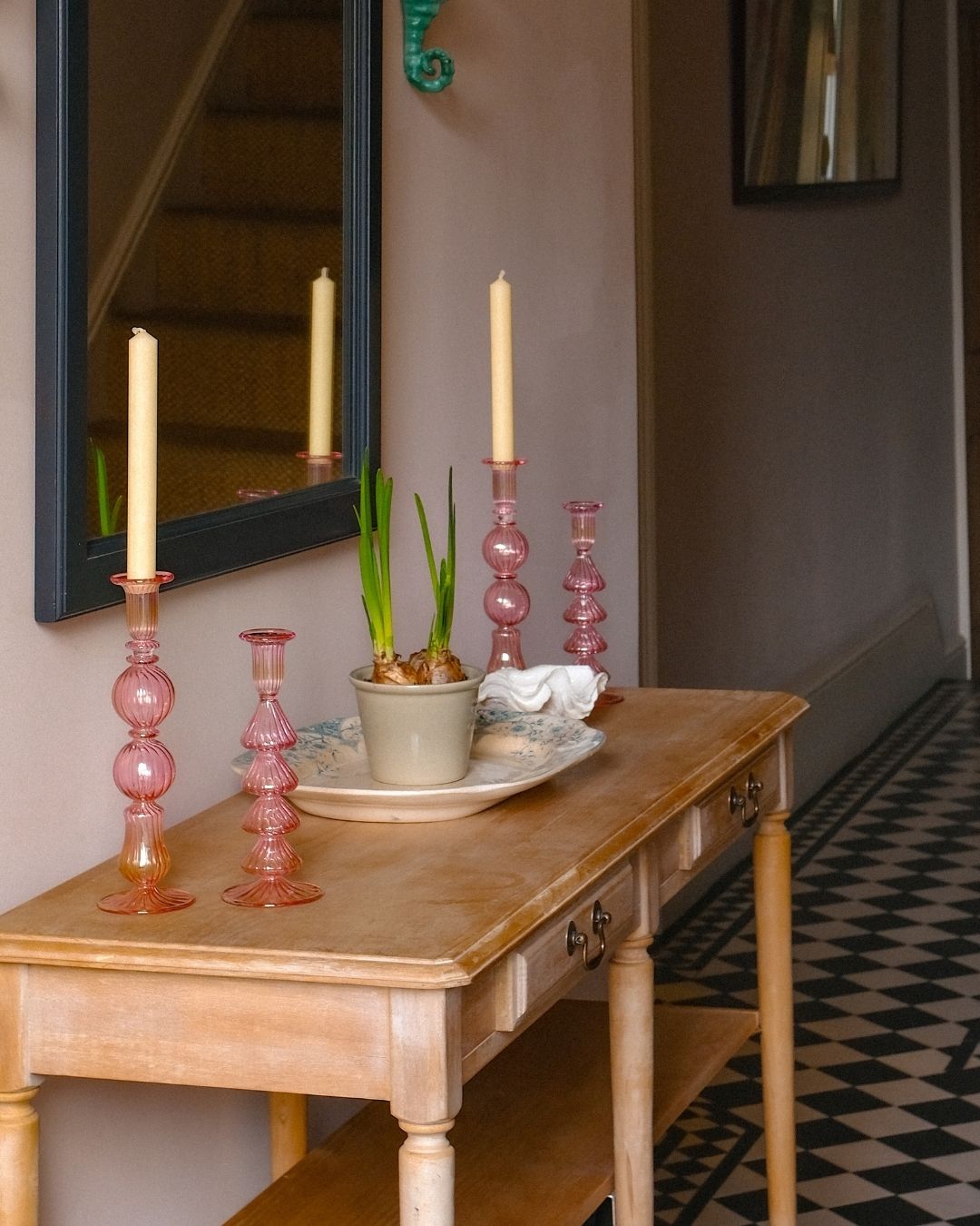 Ombo Glass Candle Holder Pink Candlestick Issy Granger Cream Wax Dinner Candles 
