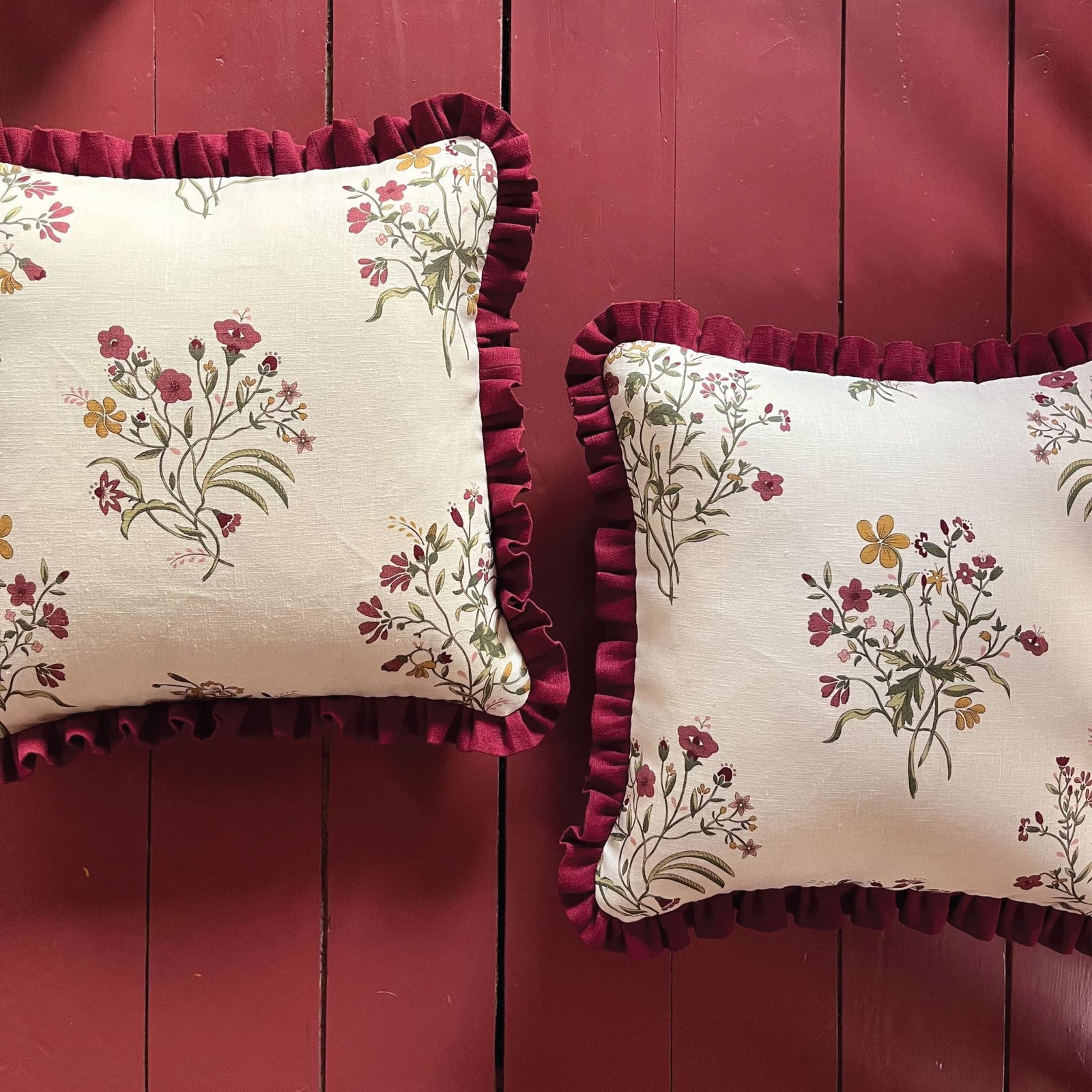 Flax & Field Flower Print Cushion in Scarlet with Scarlet Frill