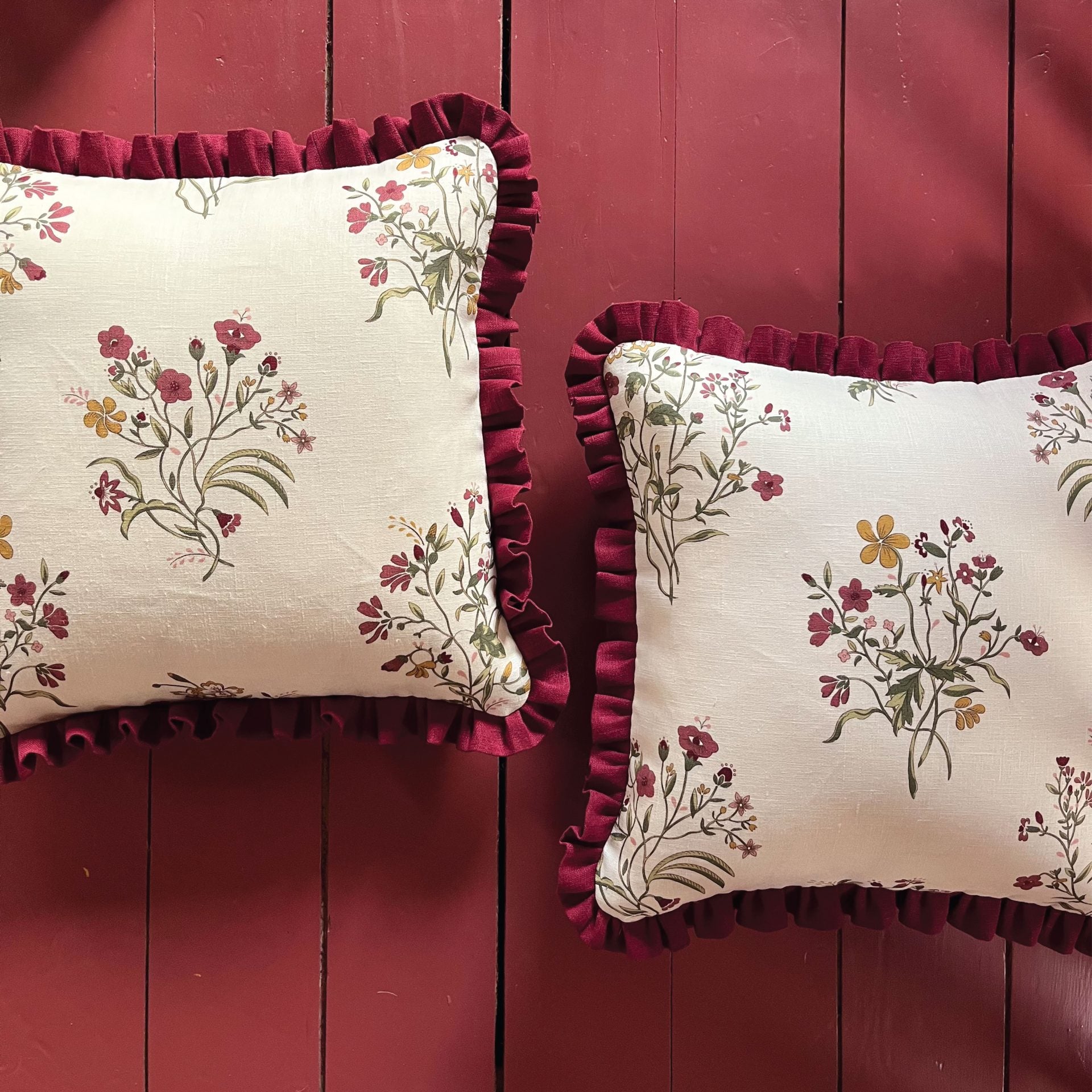 Flax & Field Flower Print Cushion in Scarlet with Scarlet Frill