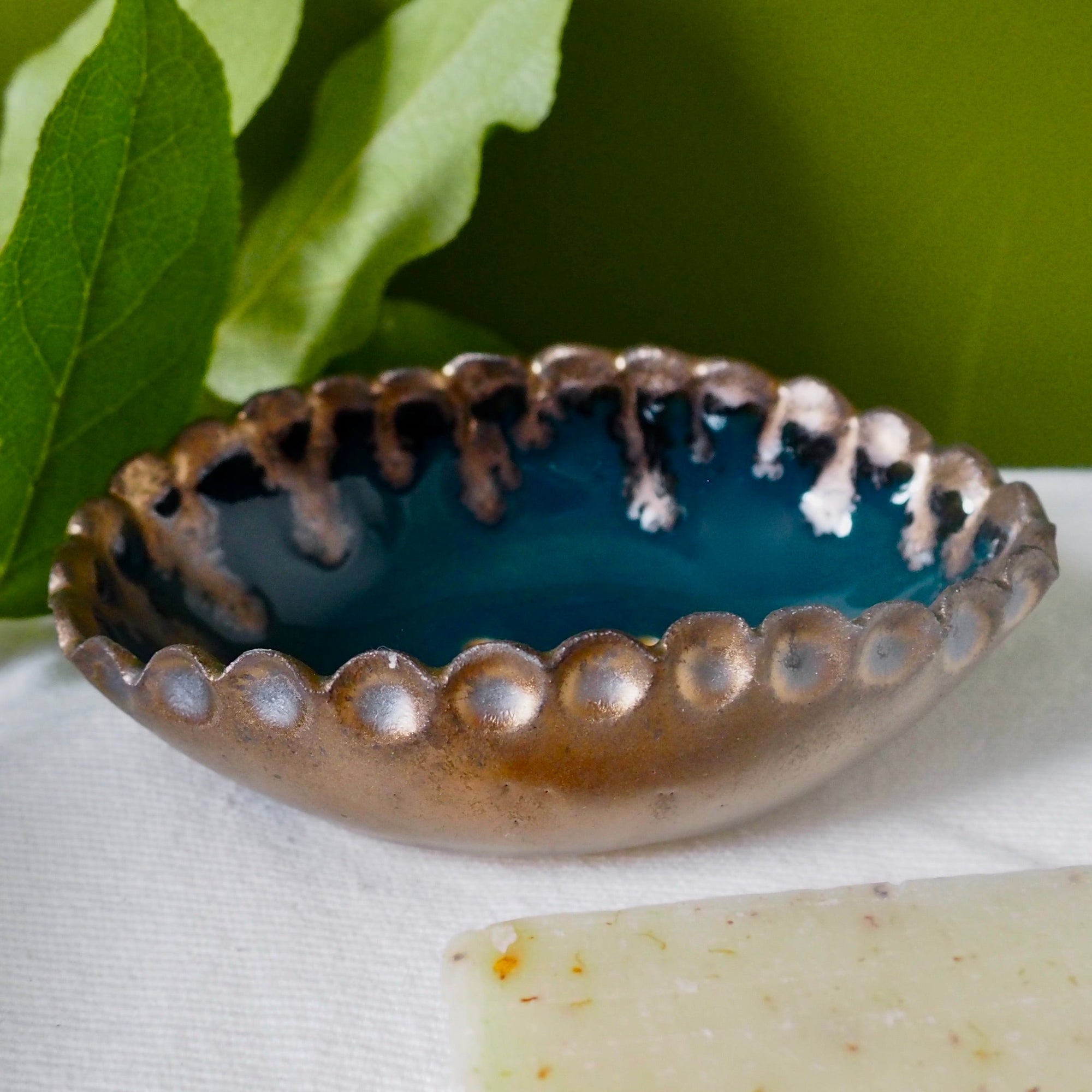 Handmade Teal Blue and Gold Oval Ceramic Soap Dish with Scalloped Top Edge