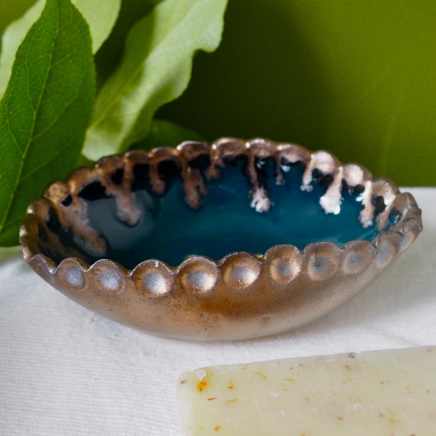 Handmade Teal Blue and Gold Oval Ceramic Soap Dish with Scalloped Top Edge