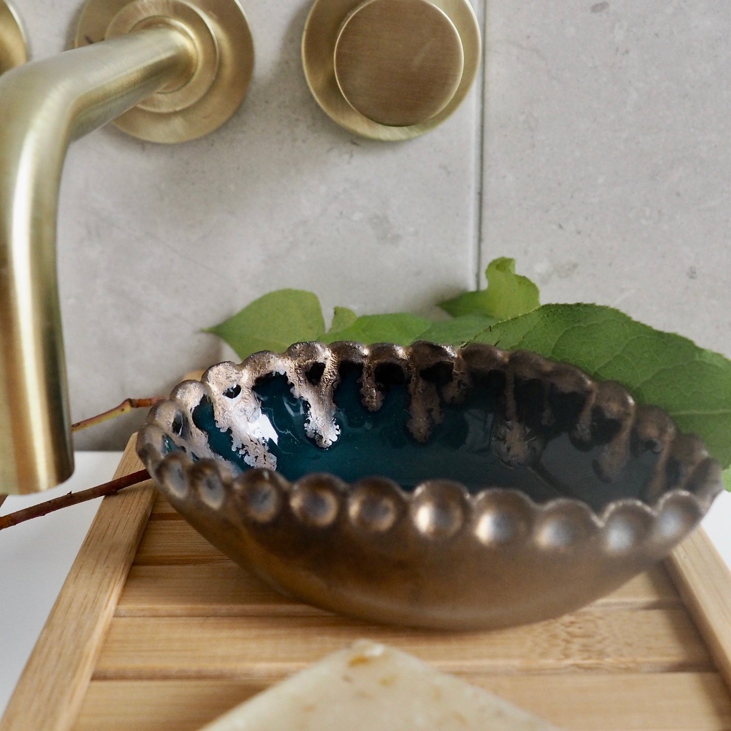 Handmade Teal Blue and Gold Oval Ceramic Soap Dish with Scalloped Top Edge