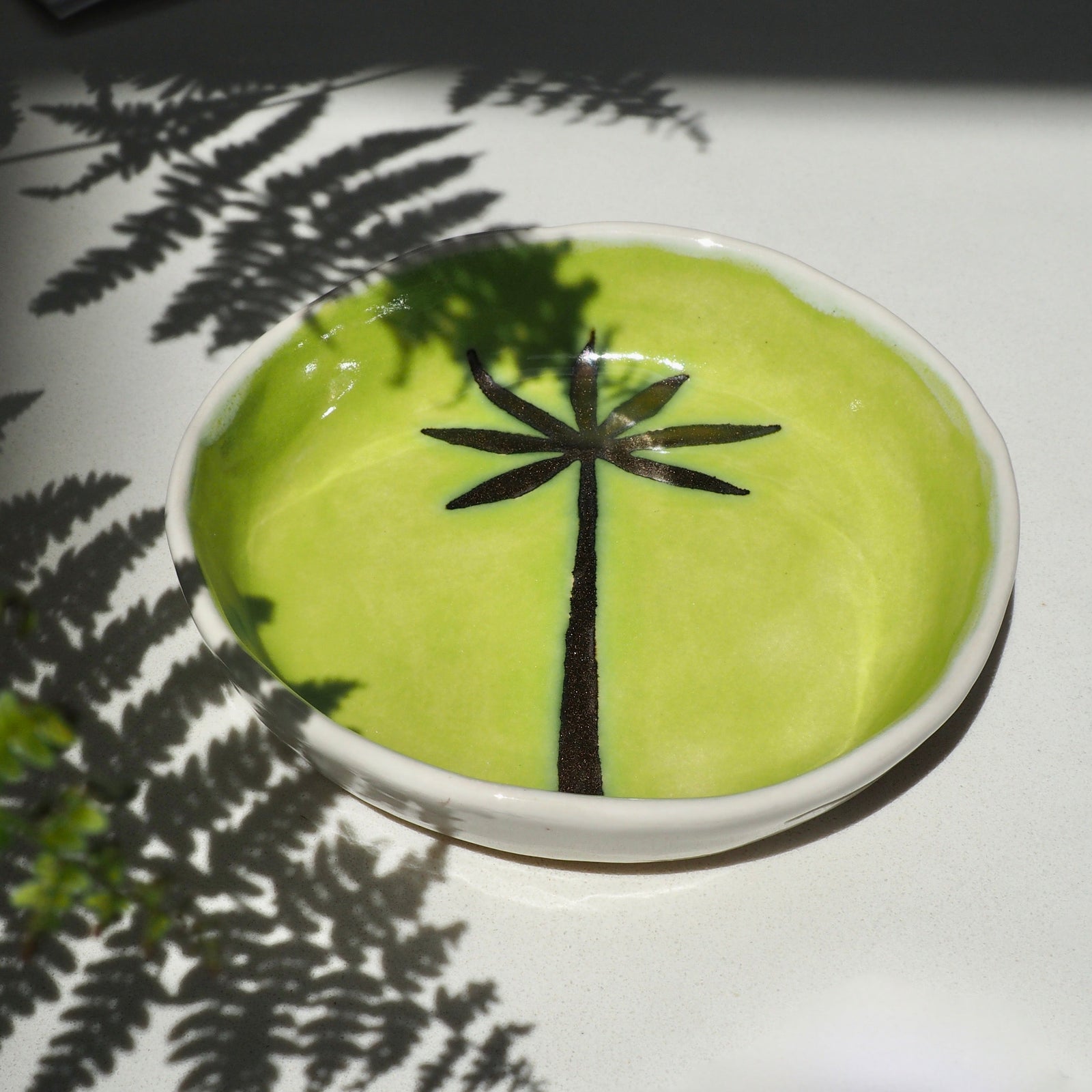 Handmade Green and Gold Ceramic Palm Tree Ring Dish