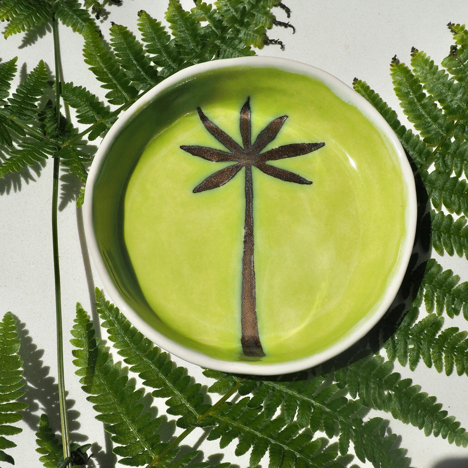 Handmade Green and Gold Ceramic Palm Tree Ring Dish