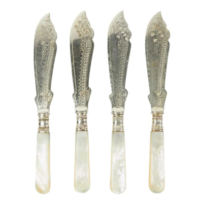 A Set of 4 Antique Silver Plate Fish Knives with mother of pearl handles. The blade of each Victorian Fish Knife has a beautifully etched floral pattern. Wildmore