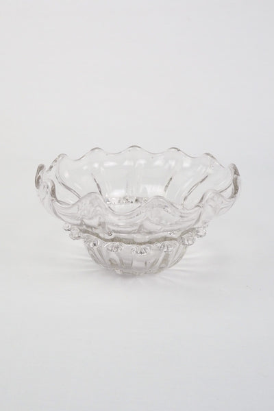 A stunning Vintage Hand Blown Glass Dish with delicate bubbles running through the glass giving it a gorgeous viscous look. Hand blown Mid-Century glass dish with a petal pattern around the centre. Wildmore