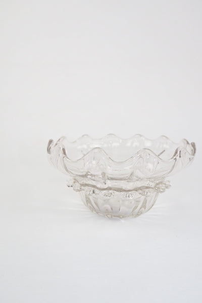 A stunning Vintage Hand Blown Glass Dish with delicate bubbles running through the glass giving it a gorgeous viscous look. Hand blown Mid-Century glass dish with a petal pattern around the centre. Wildmore