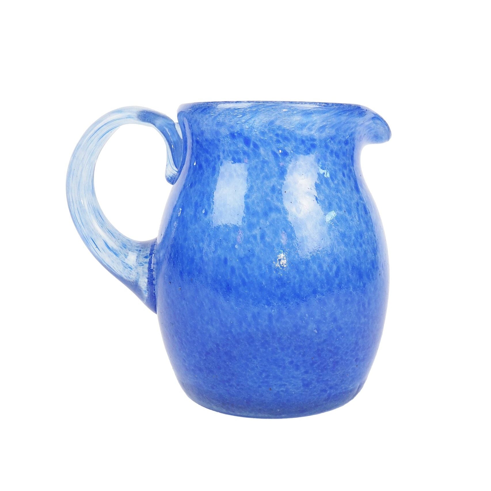 A hand blown Vintage Gass Jug with a blue speckle pattern and bubbles running through the glass. Wildmore