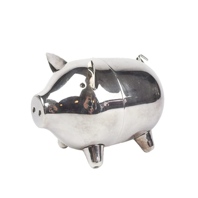 A wonderful Vintage Silver Plate Piggy Bank. This silver plated pig money box has a little curly tail and expressive ears. Wildmore