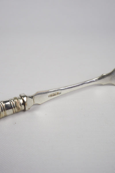 This Antique Pickle Fork has a beautiful Mother of Pearl handle, a Silver Plated neck and barbed prongs. Wildmore