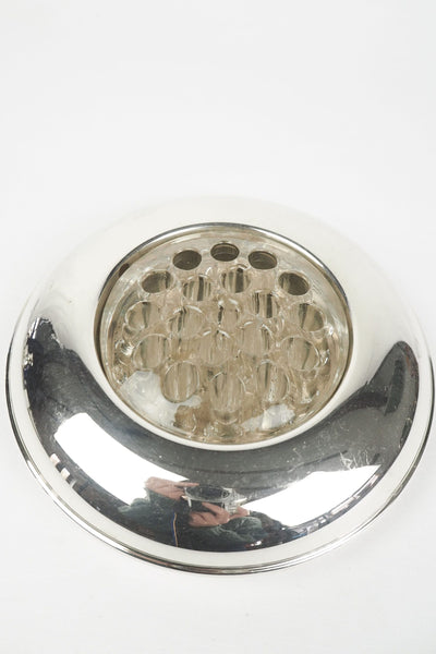 A vintage Silver Plate Flower Bowl with original glass flower frog. Filled with water, this mid century flower dish and flower frog is an elegant way to display your long stem flowers. Wildmore