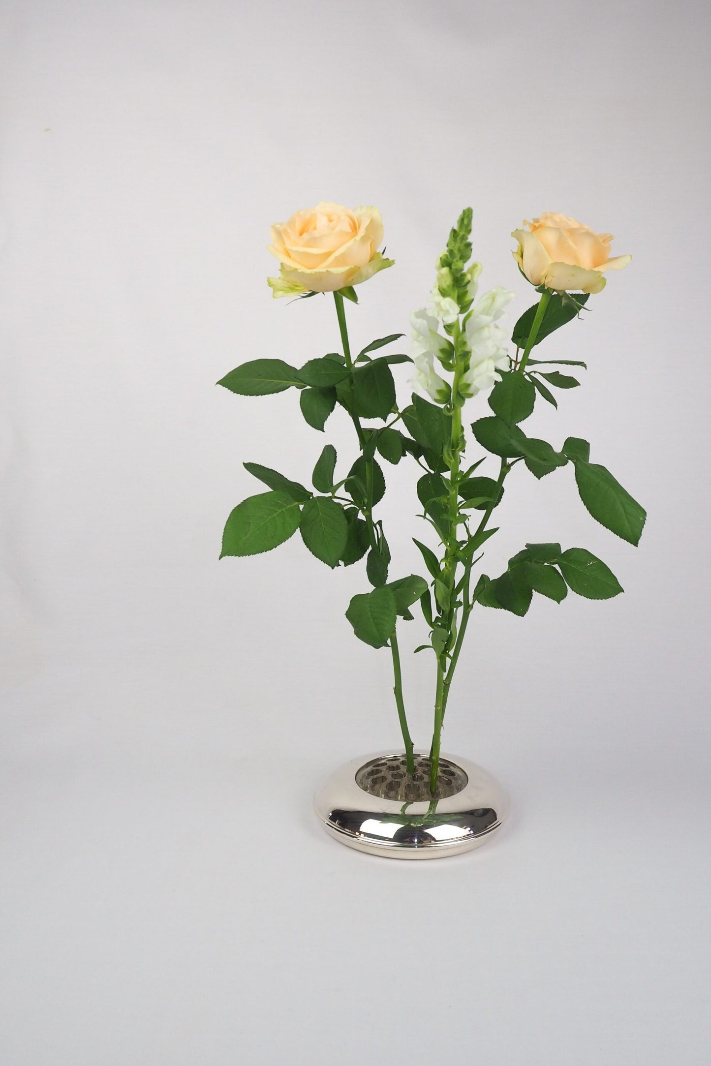 A vintage Silver Plate Flower Bowl with original glass flower frog. Filled with water, this mid century flower dish and flower frog is an elegant way to display your long stem flowers. Wildmore