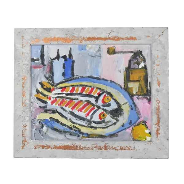 A wonderful Oil and acrylic on Board Framed Fish Painting. This painting is full of character and has a beautiful pastel colour palette.