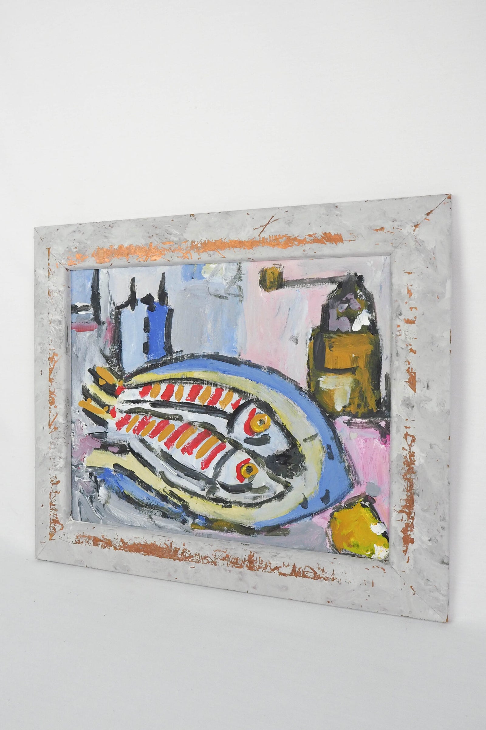 A wonderful Oil and acrylic on Board Framed Fish Painting. This painting is full of character and has a beautiful pastel colour palette.