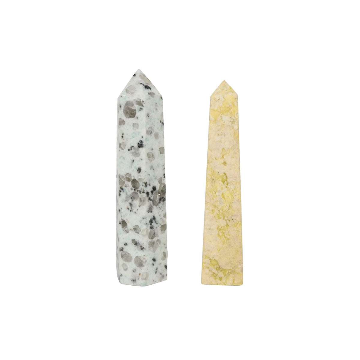 A decorative Pair of Mineral Obelisks including a Kiwi Jasper and a Serpentine Tower.