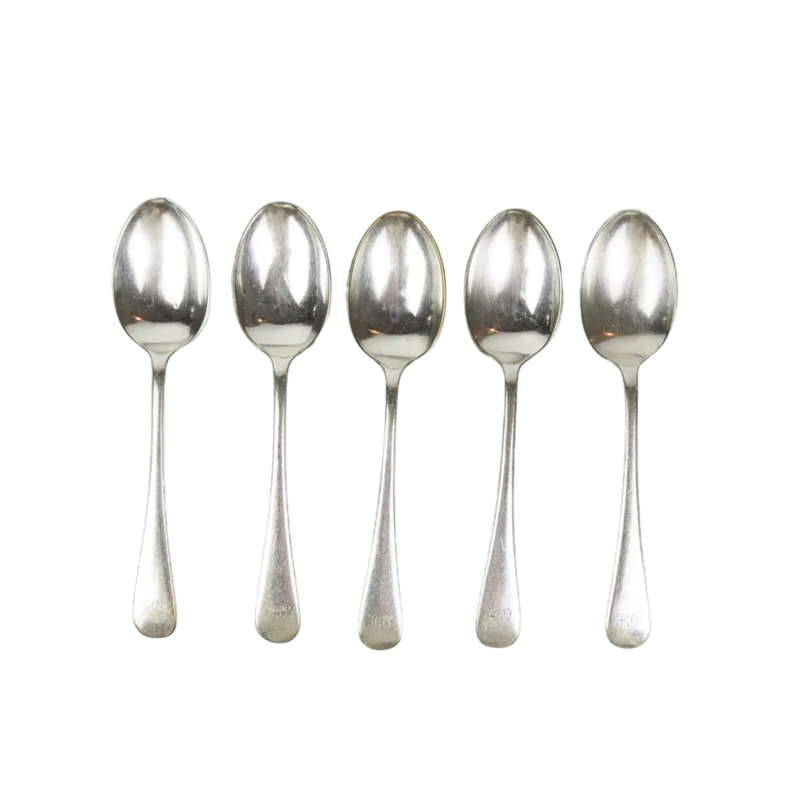 A set of 5 Antique Silver Plate Teaspoons are monogrammed HJP.