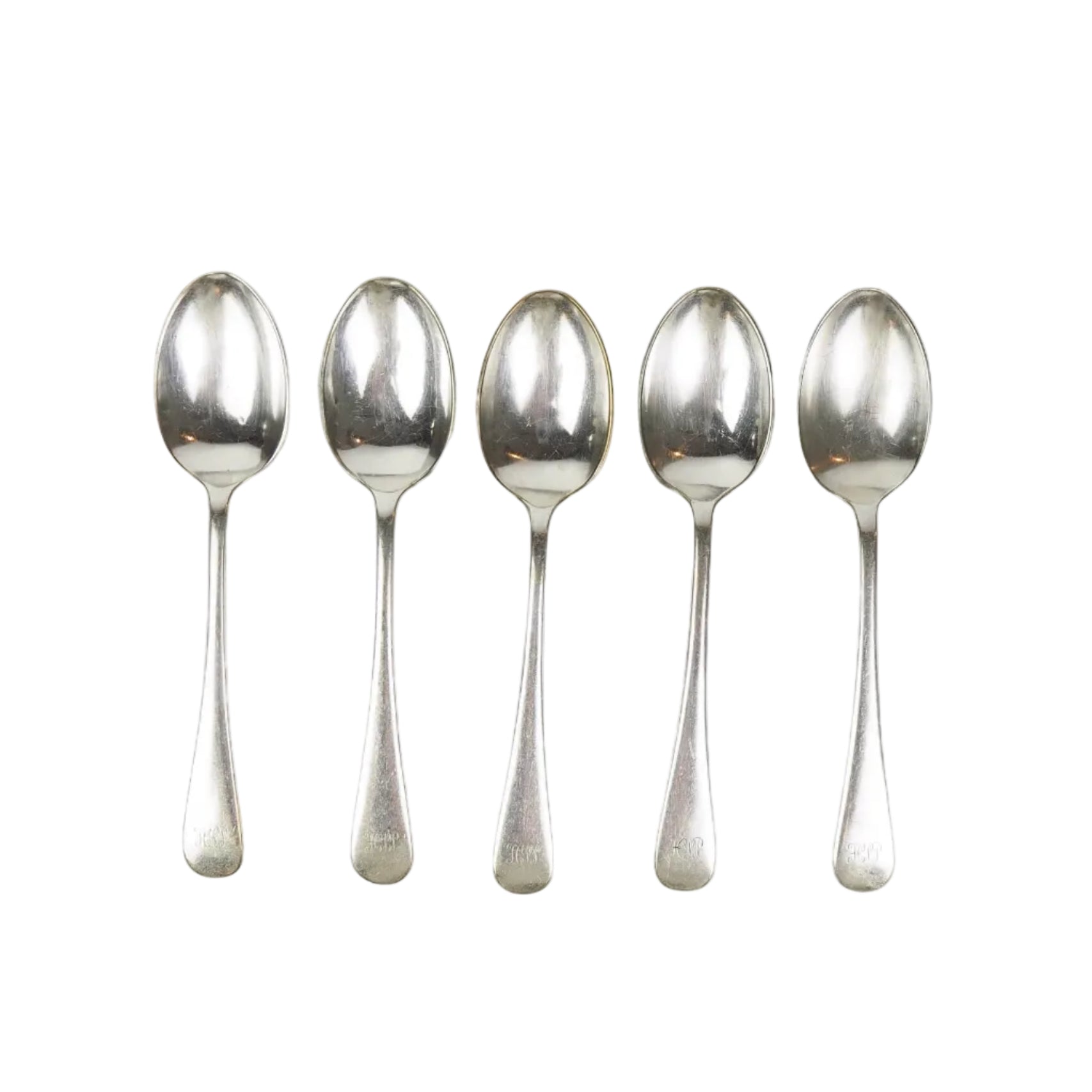 A set of 5 Antique Silver Plate Teaspoons are monogrammed HJP.