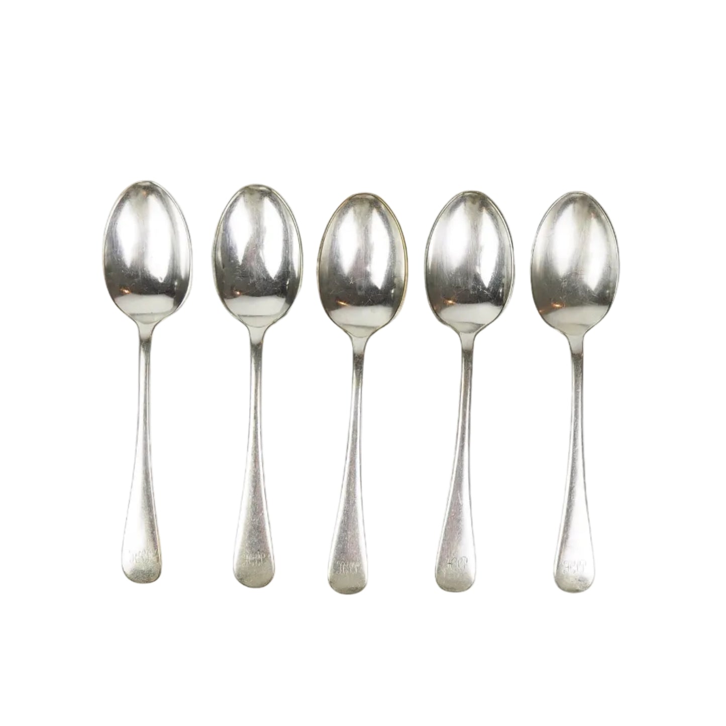 A set of 5 Antique Silver Plate Teaspoons are monogrammed HJP.