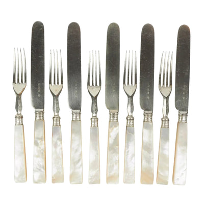 10 piece Antique Mother of Pearl Cutlery Set. The aged silver plate and mother of pearl handles give this set of knives and forks an antique look