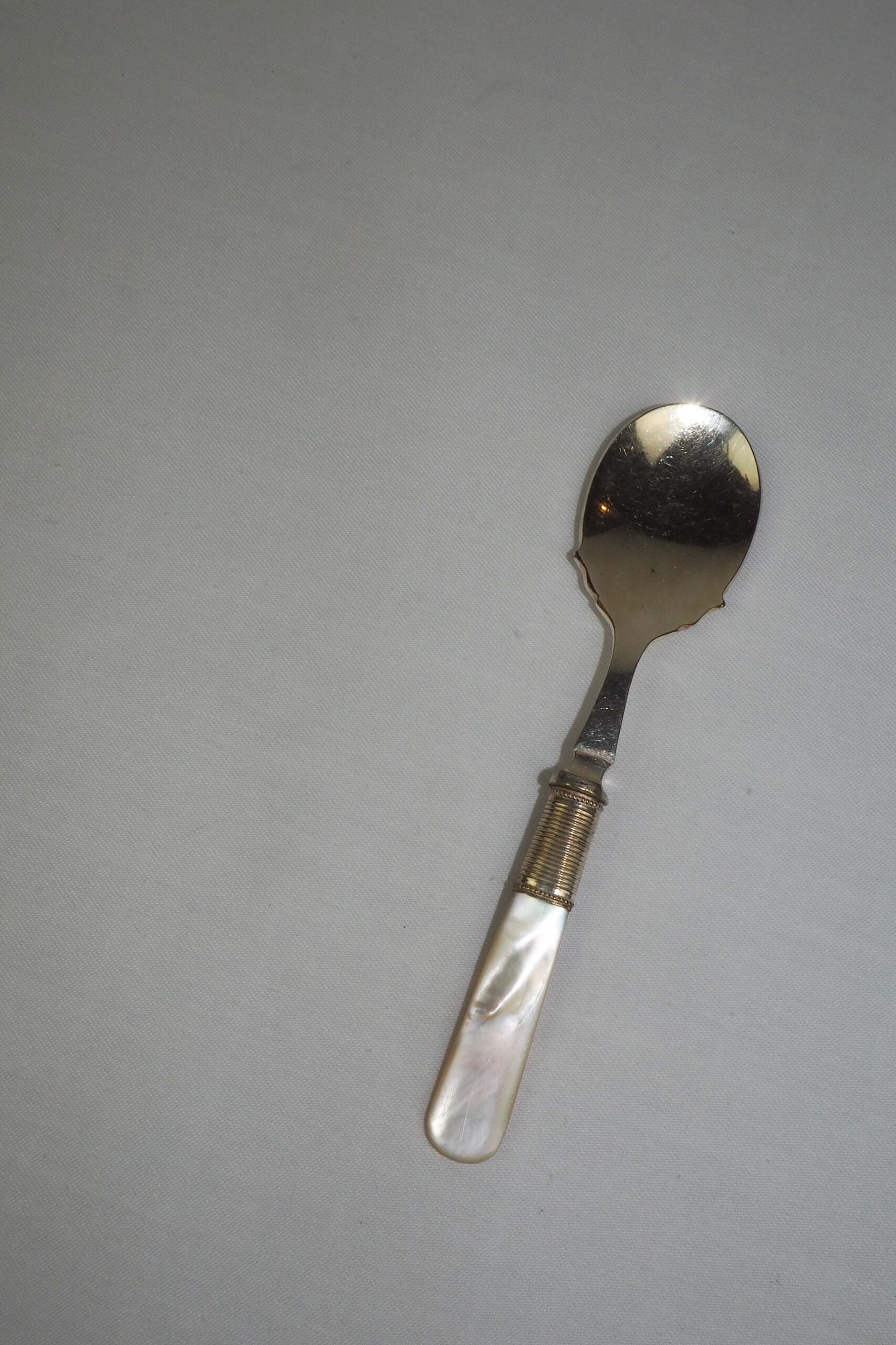 An Antique Jam Spoon With a Mother of Pearl handle and a Silver Plated neck and shallow bowl. An incredibly useful and beautiful piece of cutlery.