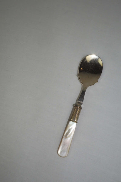An Antique Jam Spoon With a Mother of Pearl handle and a Silver Plated neck and shallow bowl. An incredibly useful and beautiful piece of cutlery.