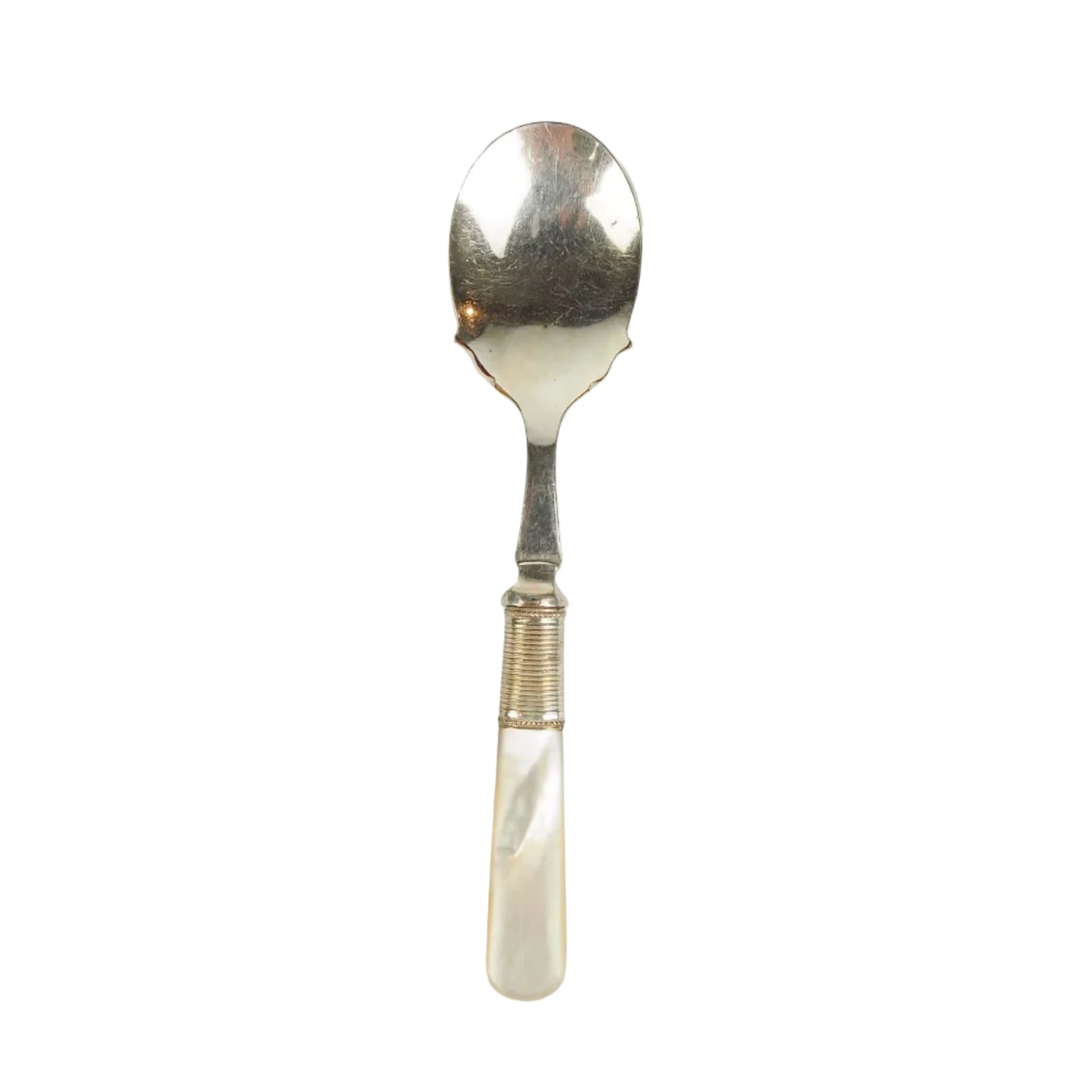 An Antique Jam Spoon With a Mother of Pearl handle and a Silver Plated neck and shallow bowl. An incredibly useful and beautiful piece of cutlery.
