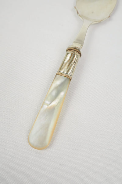 An Antique Jam Spoon With a Mother of Pearl handle and a Silver Plated neck and shallow bowl. An incredibly useful and beautiful piece of cutlery.
