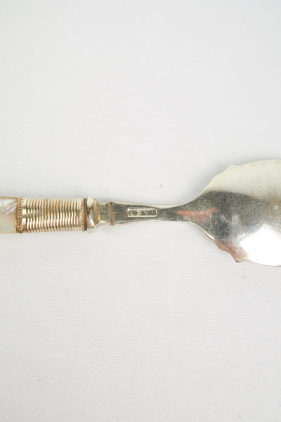An Antique Jam Spoon With a Mother of Pearl handle and a Silver Plated neck and shallow bowl. An incredibly useful and beautiful piece of cutlery.