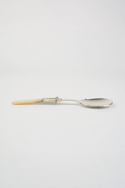 An Antique Jam Spoon With a Mother of Pearl handle and a Silver Plated neck and shallow bowl. An incredibly useful and beautiful piece of cutlery.