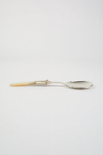 An Antique Jam Spoon With a Mother of Pearl handle and a Silver Plated neck and shallow bowl. An incredibly useful and beautiful piece of cutlery.