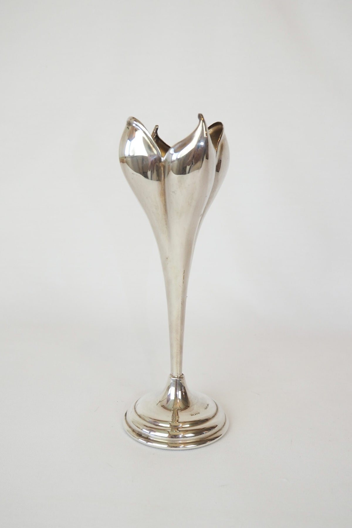 A stunning Vintage Silver Plate Flower Vase in the shape of a tulip. Tulip shaped bud vase sourced by Wildmore