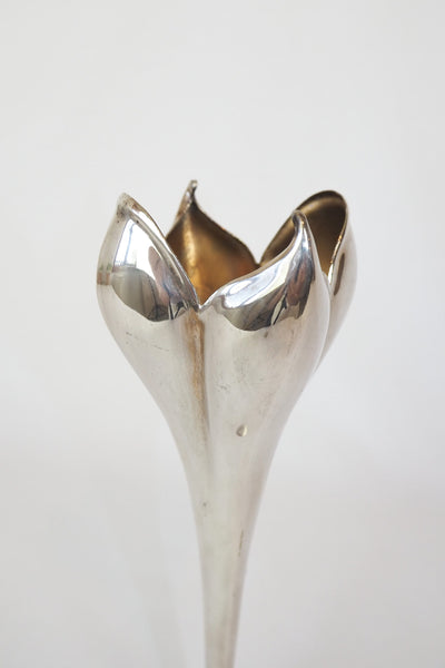 A stunning Vintage Silver Plate Flower Vase in the shape of a tulip. Tulip shaped bud vase sourced by Wildmore