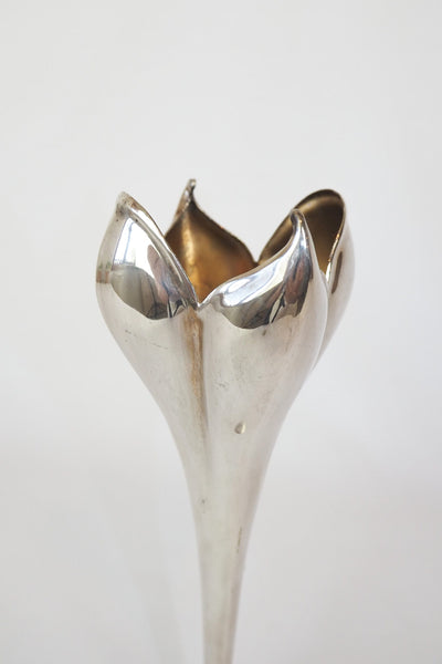 A stunning Vintage Silver Plate Flower Vase in the shape of a tulip. Tulip shaped bud vase sourced by Wildmore