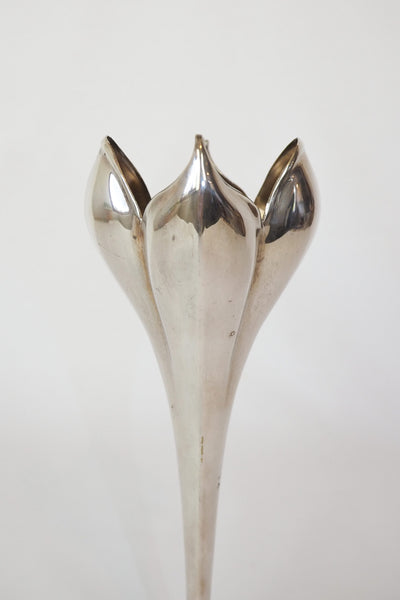 A stunning Vintage Silver Plate Flower Vase in the shape of a tulip. Tulip shaped bud vase sourced by Wildmore