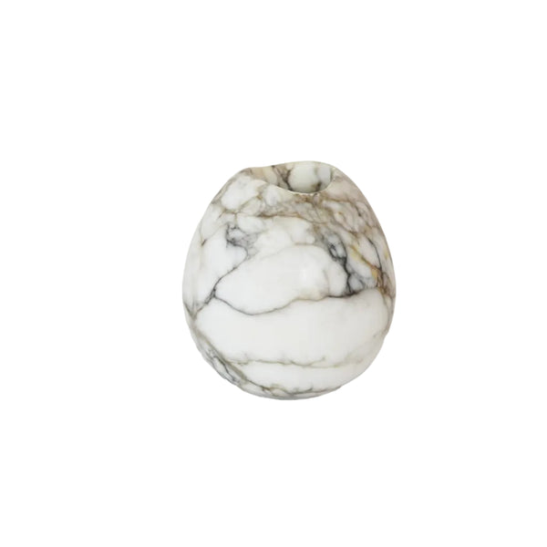 A Vintage Spherical Marble Vase with dark veins running through the white marble. Wildmore