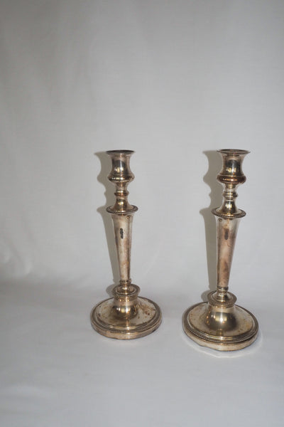 Stunning Pair of Georgian Silver Plate Candlesticks. This stunning pair of tall antique candle sticks are perfect for your coffee table or dinner party tablescape.
