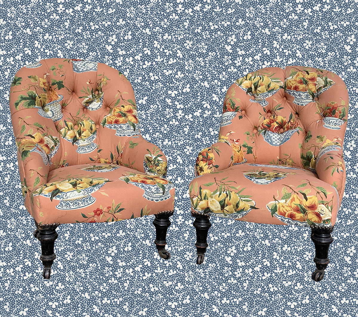 HANS & GRETEL - A Pair Of Antique Button Back Armchairs In Vintage Colefax & Fowler Fabric