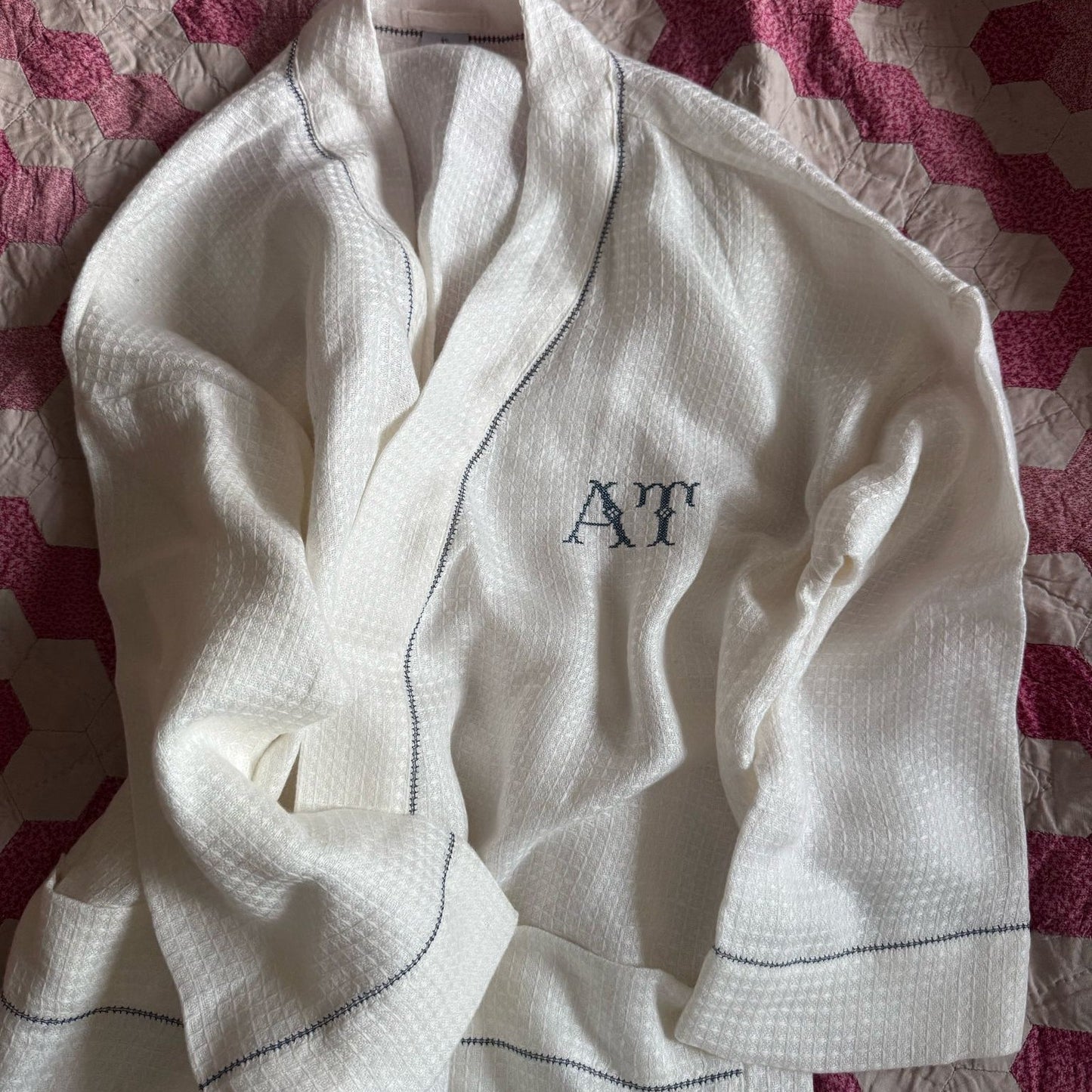 Liège Robe in Ivory White Waffle with Indigo Hemstitch
