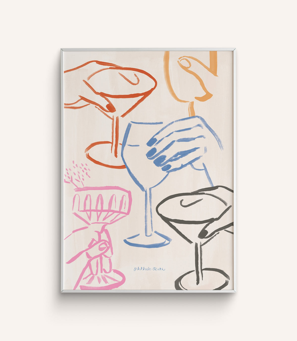 A hand-painted art print with hands holding glasses in a toast in different colors, on a white background.