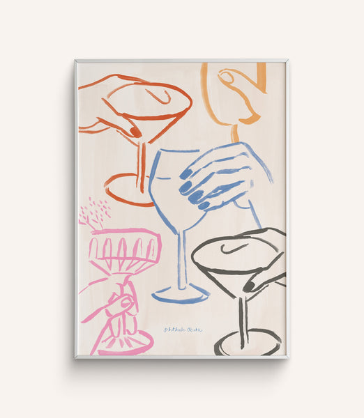 A hand-painted art print with hands holding glasses in a toast in different colors, on a white background.
