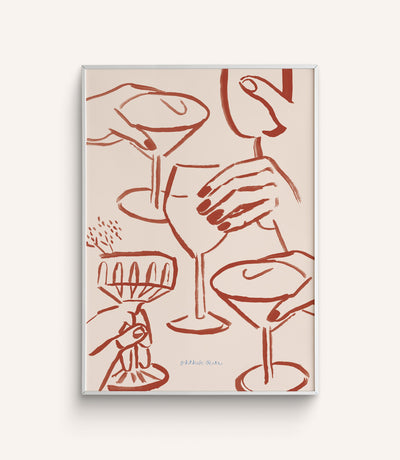 A hand-painted art print with hands holding glasses in a toast in red, on a white background.