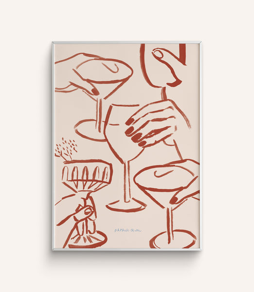 A hand-painted art print with hands holding glasses in a toast in red, on a white background.
