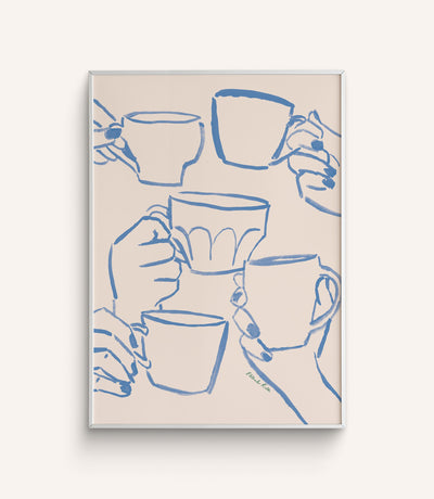 "Cafe Du Jour" features hands holding mugs in a cheerful toast hand-painted in blue, on a white background.
