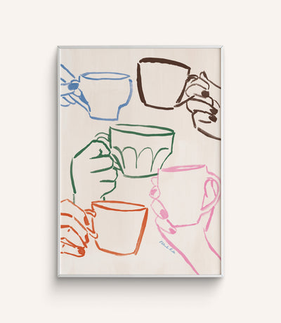 "Cafe Du Jour" features hands holding mugs in a cheerful toast hand-painted in varying colors, on a white background.