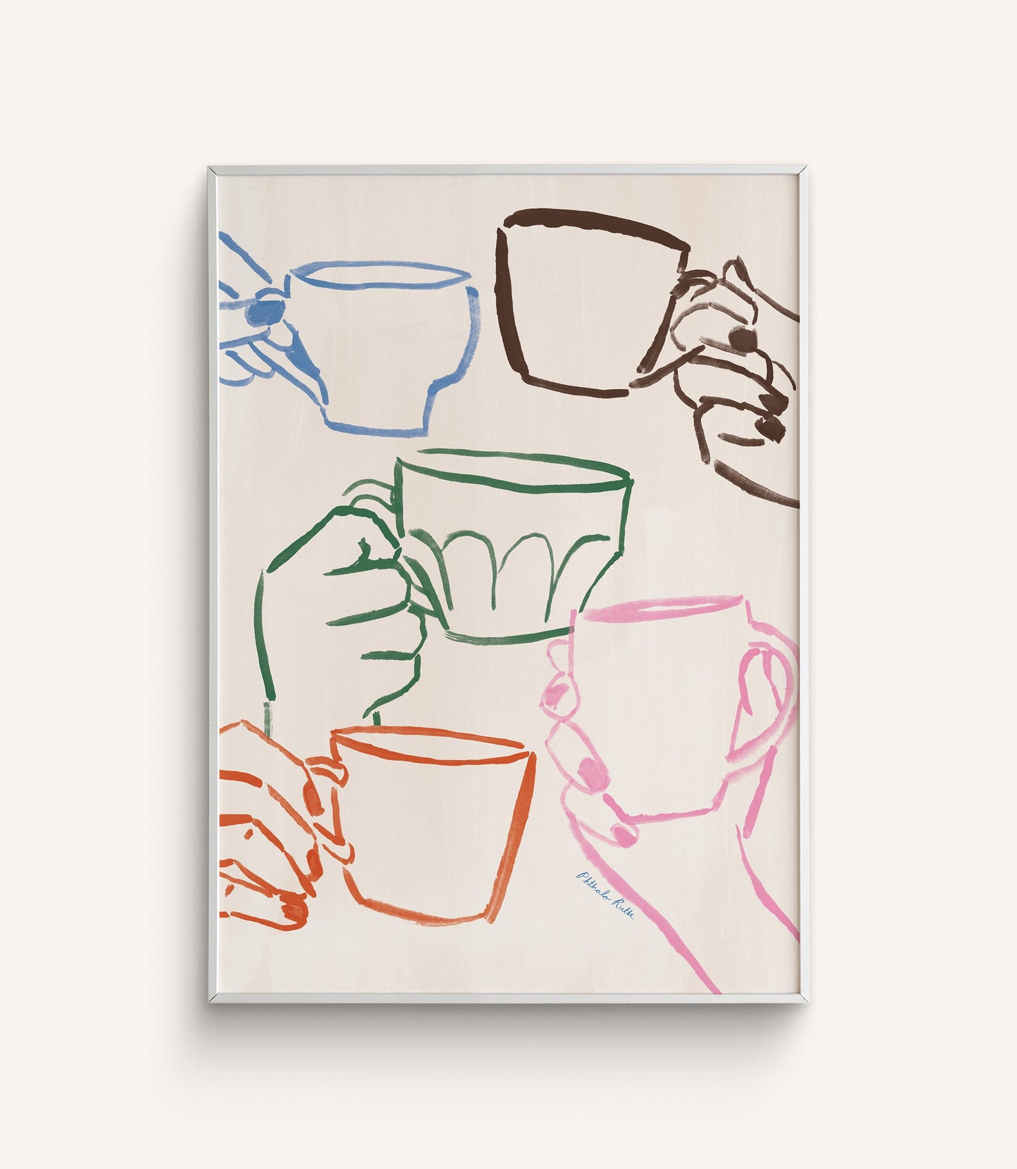 "Cafe Du Jour" features hands holding mugs in a cheerful toast hand-painted in varying colors, on a white background.