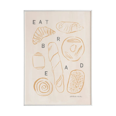 A hand-painted art print featuring various hand-drawn pieces of bread like baguettes, croissants, and loaves among the phrase “Eat Bread” on a white background. 